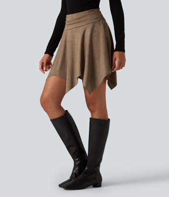High Waisted Ruched Asymmetric A Line 2-in-1 Mini Casual Skirt High Waisted Ruched Asymmetric A Line 2-in-1 Mini Casual Skirt