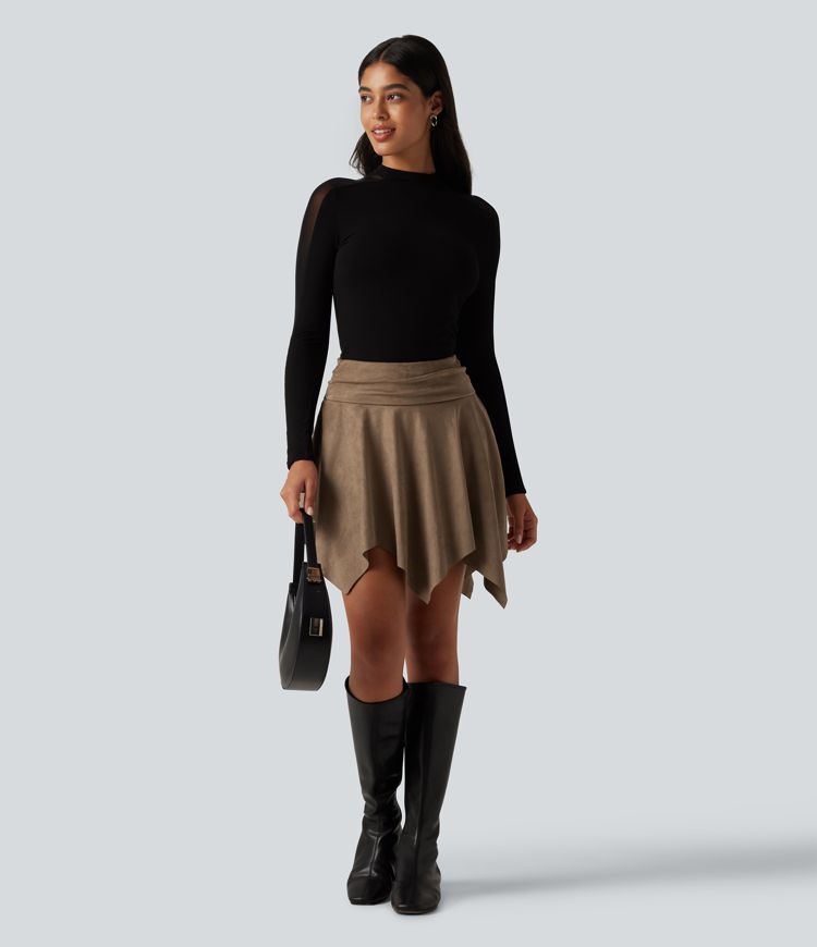 High Waisted Ruched Asymmetric A Line 2-in-1 Mini Casual Skirt High Waisted Ruched Asymmetric A Line 2-in-1 Mini Casual Skirt