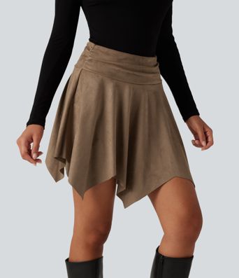 High Waisted Ruched Asymmetric A Line 2-in-1 Mini Casual Skirt High Waisted Ruched Asymmetric A Line 2-in-1 Mini Casual Skirt
