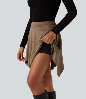 High Waisted Ruched Asymmetric A Line 2-in-1 Mini Casual Skirt High Waisted Ruched Asymmetric A Line 2-in-1 Mini Casual Skirt