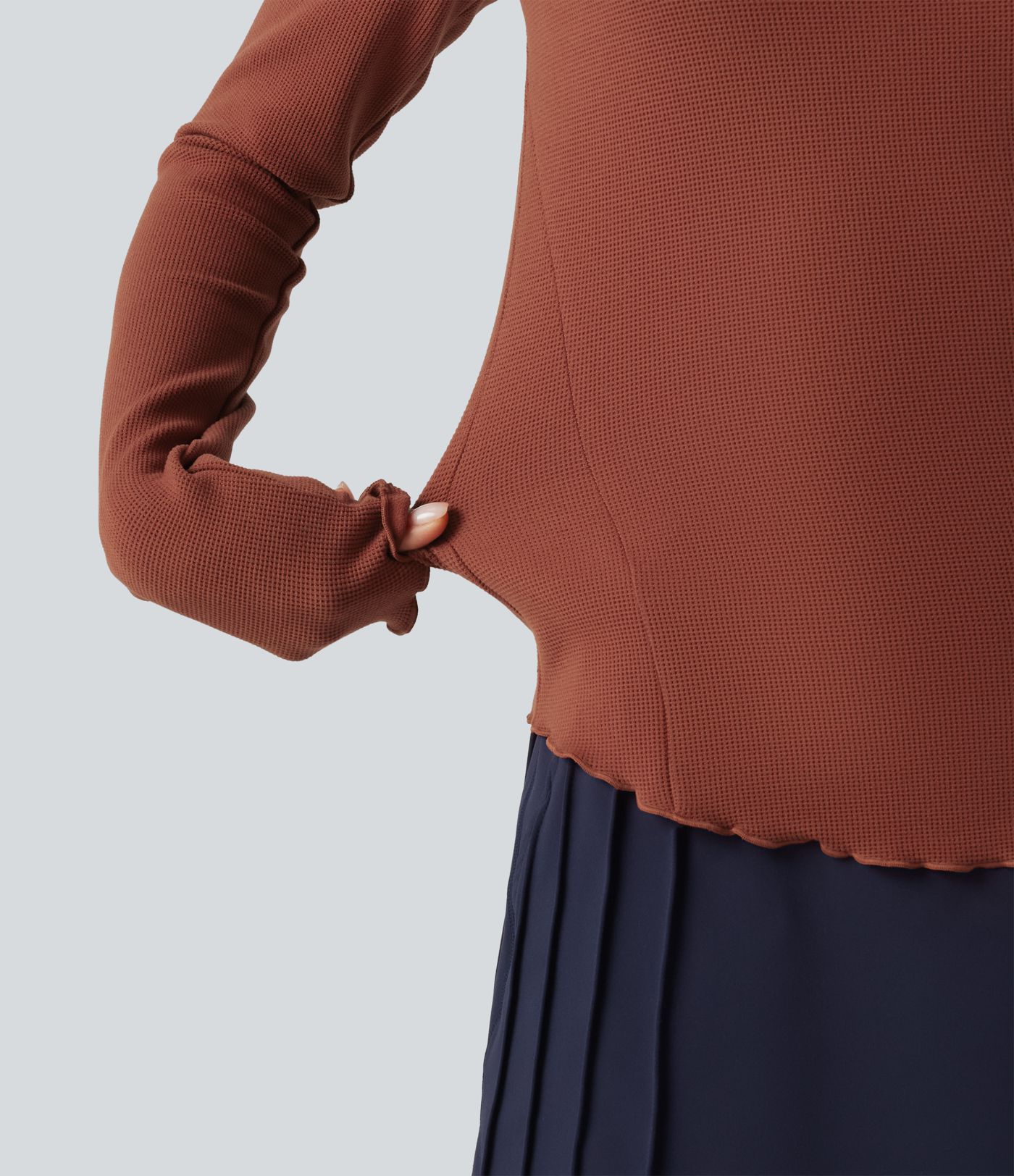 Round Neck Long Sleeve Lettuce Trim Curved Hem Waffle Casual Top