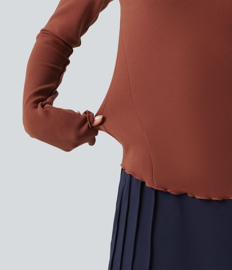 Round Neck Long Sleeve Lettuce Trim Curved Hem Waffle Casual Top