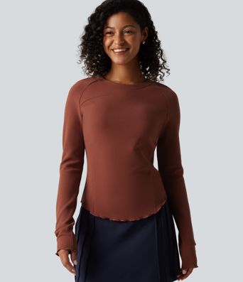 Round Neck Long Sleeve Lettuce Trim Curved Hem Waffle Casual Top