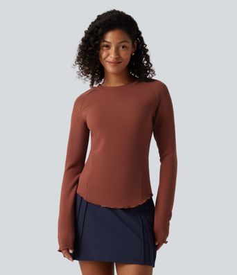 Round Neck Long Sleeve Lettuce Trim Curved Hem Waffle Casual Top