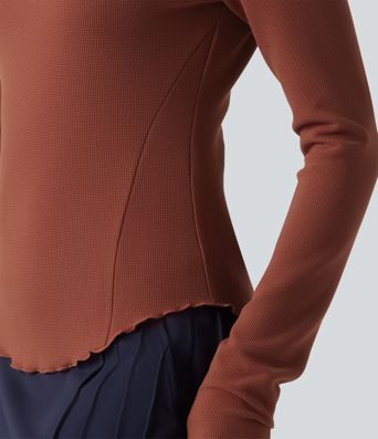 Round Neck Long Sleeve Lettuce Trim Curved Hem Waffle Casual Top