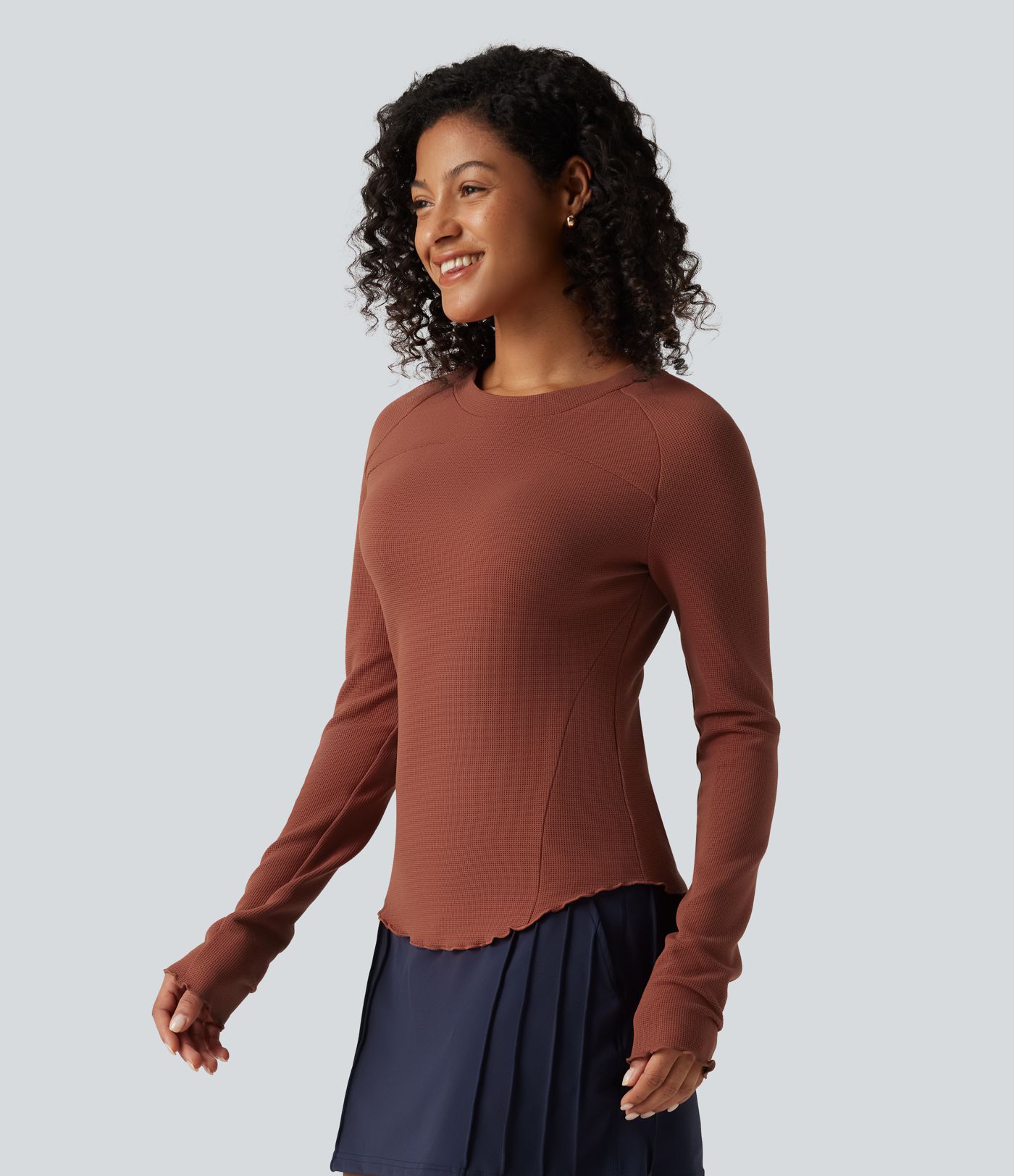 Round Neck Long Sleeve Lettuce Trim Curved Hem Waffle Casual Top