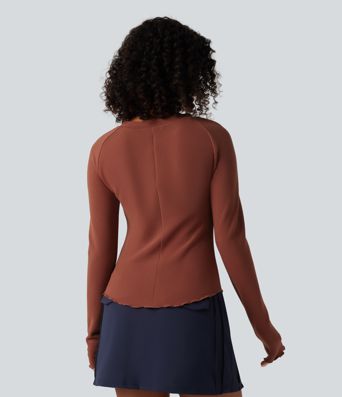 Round Neck Long Sleeve Lettuce Trim Curved Hem Waffle Casual Top