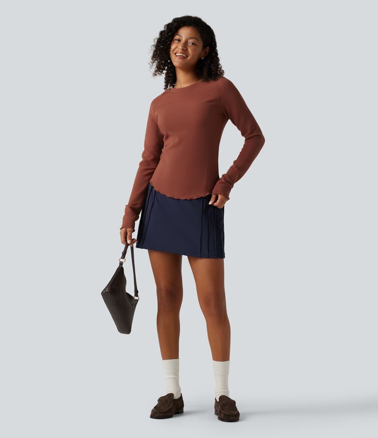 Round Neck Long Sleeve Lettuce Trim Curved Hem Waffle Casual Top