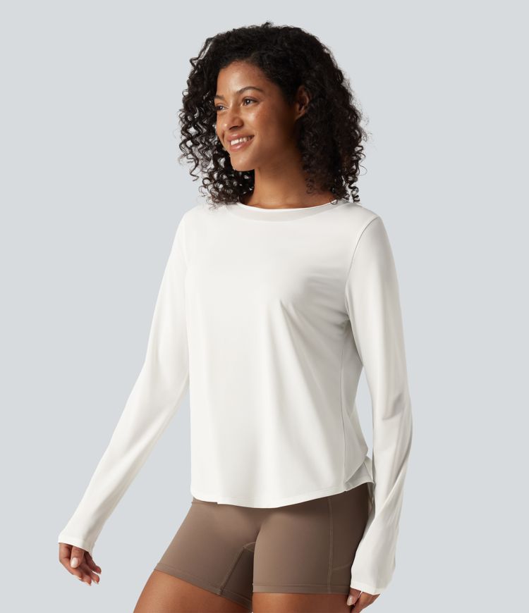 Round Neck Long Sleeve Contrast Mesh Curved Hem Running Sports Top Round Neck Long Sleeve Contrast Mesh Curved Hem Running Sports Top