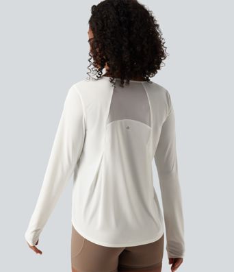 Round Neck Long Sleeve Contrast Mesh Curved Hem Running Sports Top Round Neck Long Sleeve Contrast Mesh Curved Hem Running Sports Top