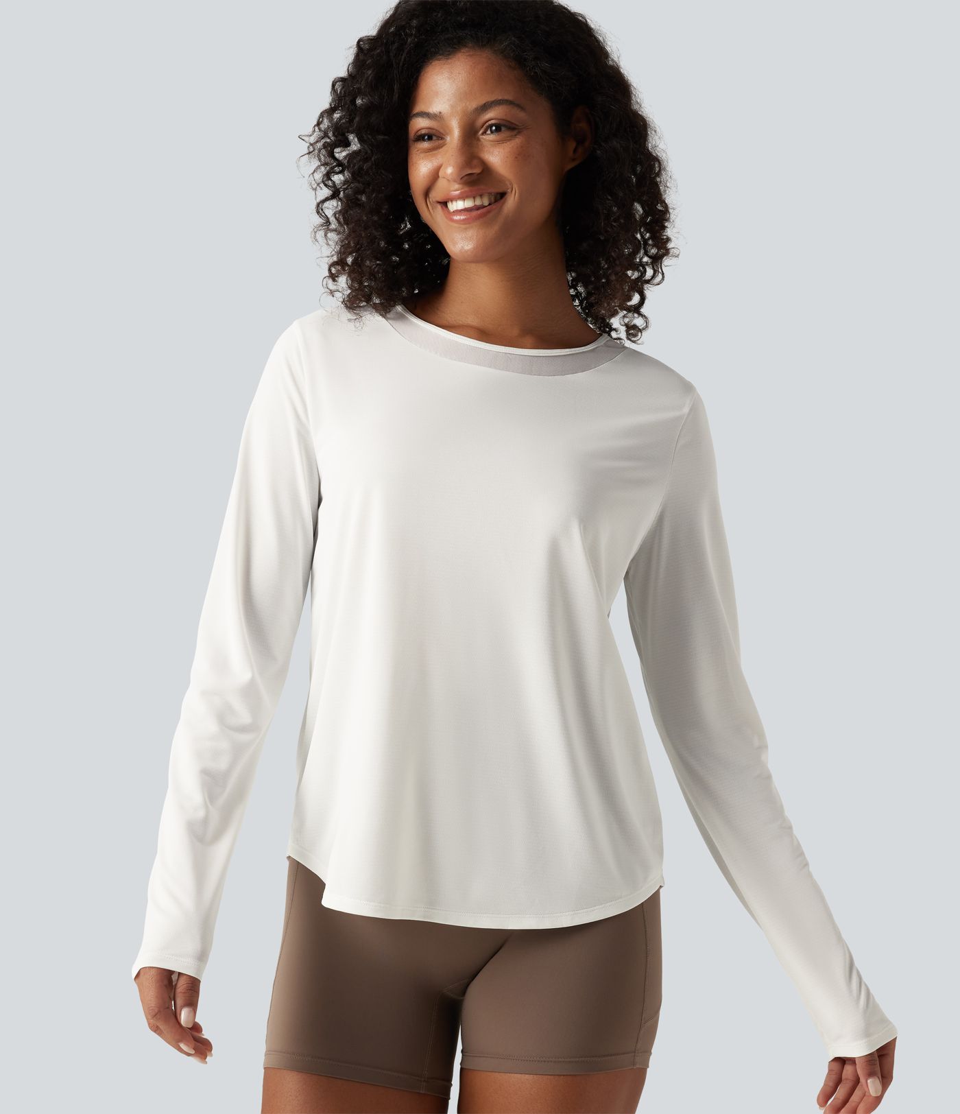 Round Neck Long Sleeve Contrast Mesh Curved Hem Running Sports Top Round Neck Long Sleeve Contrast Mesh Curved Hem Running Sports Top