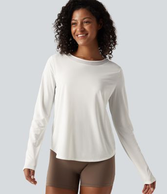 Round Neck Long Sleeve Contrast Mesh Curved Hem Running Sports Top Round Neck Long Sleeve Contrast Mesh Curved Hem Running Sports Top