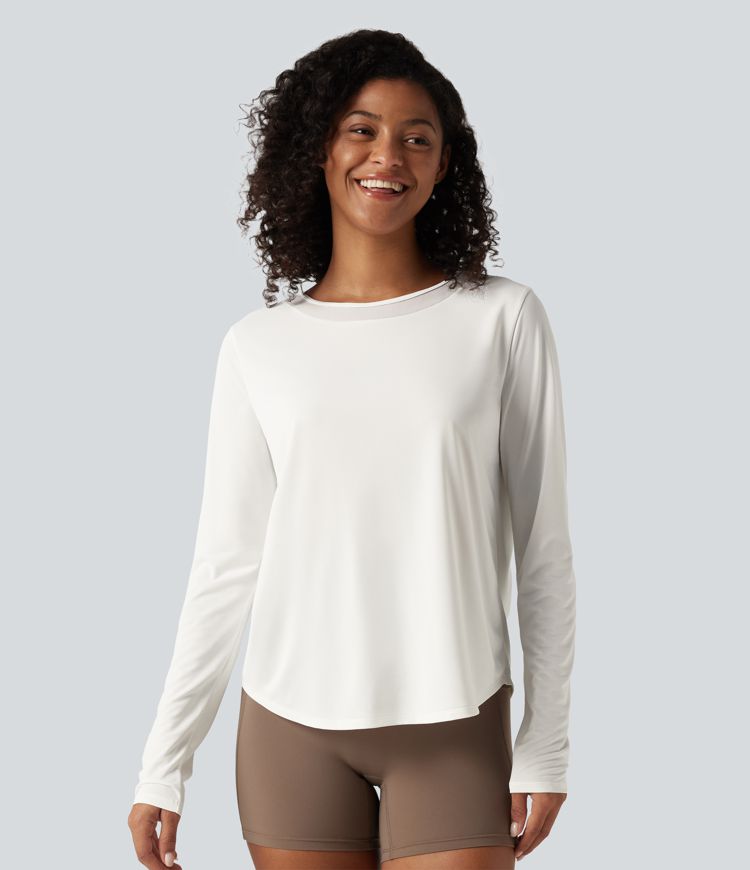 Round Neck Long Sleeve Contrast Mesh Curved Hem Running Sports Top Round Neck Long Sleeve Contrast Mesh Curved Hem Running Sports Top