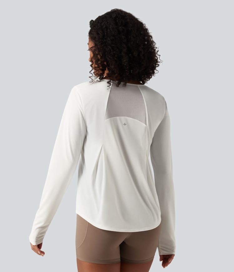 Round Neck Long Sleeve Contrast Mesh Curved Hem Running Sports Top Round Neck Long Sleeve Contrast Mesh Curved Hem Running Sports Top
