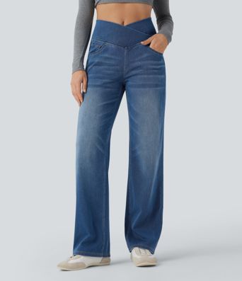 Halara Flex™ Crossover High Waisted Tummy Control Casual Straight Leg Jeans with Pockets Halara Flex™ Crossover High Waisted Tummy Control Casual Straight Leg Jeans with Pockets