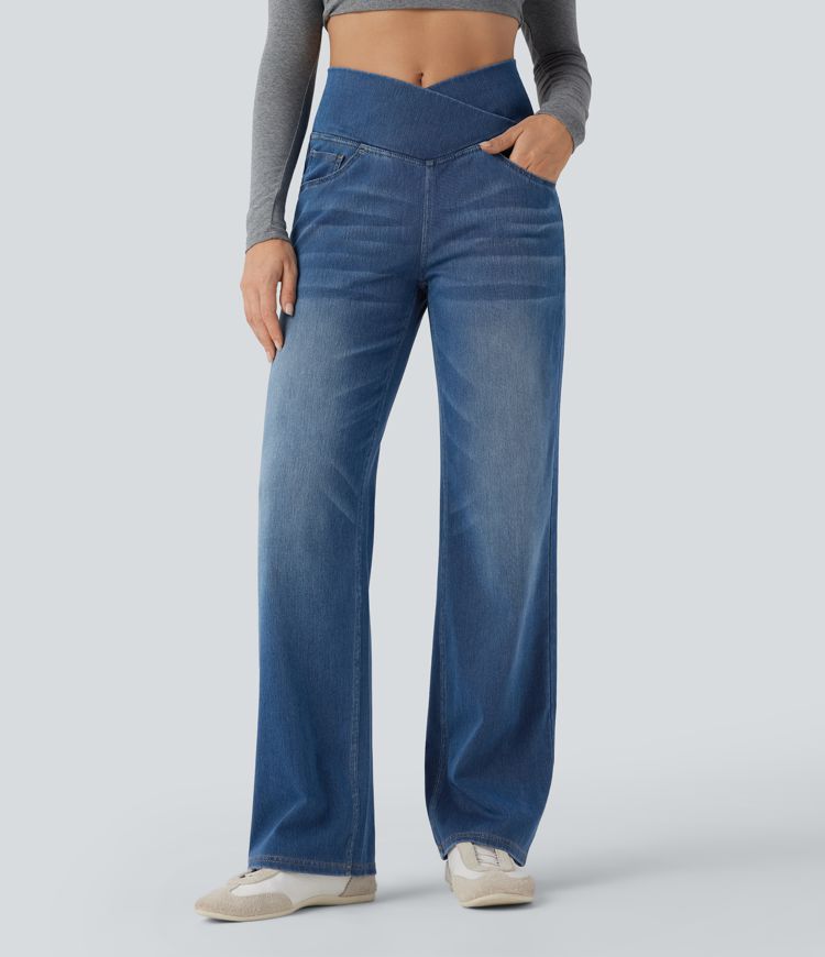 Halara Flex™ Crossover High Waisted Tummy Control Casual Straight Leg Jeans with Pockets Halara Flex™ Crossover High Waisted Tummy Control Casual Straight Leg Jeans with Pockets