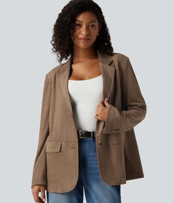 Lässiger Blazer aus Wildleder mit Reverskragen, Seitentaschen und langen Ärmeln
