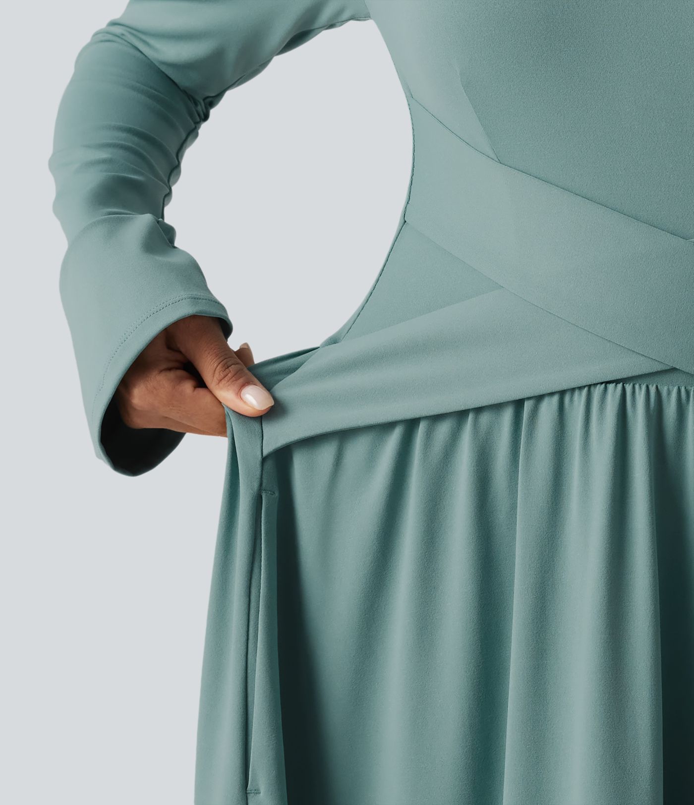 Vestido midi casual de manga larga con sujetador integrado, escote cruzado, corte fluido y bolsillos