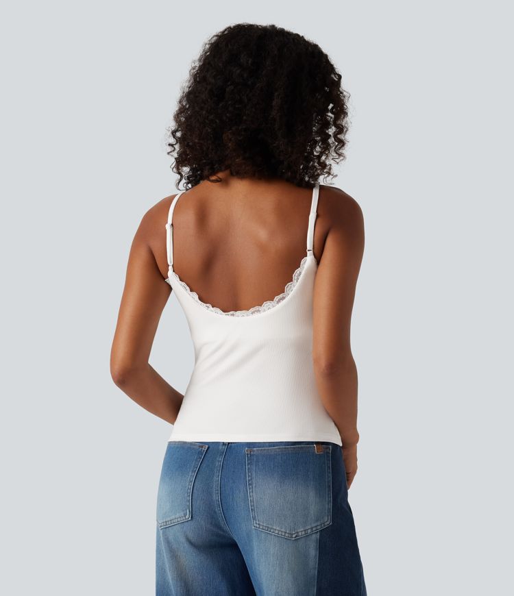 White Ribbed Knit Round Neck Contrast Lace Built-in Bra Casual Tank Top / 2
