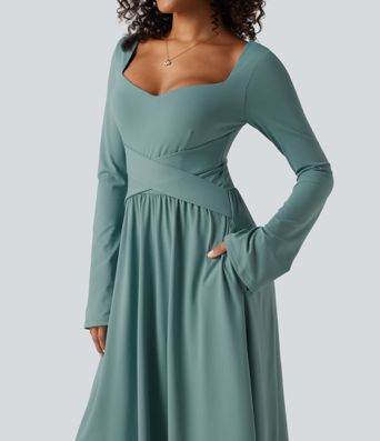 Vestido midi casual de manga larga con sujetador integrado, escote cruzado, corte fluido y bolsillos