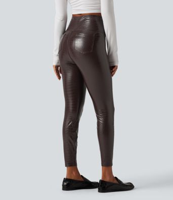 High Waisted Tummy Control Snakeskin Print Stretchy PU Fleece Skinny Casual Leggings with Pockets