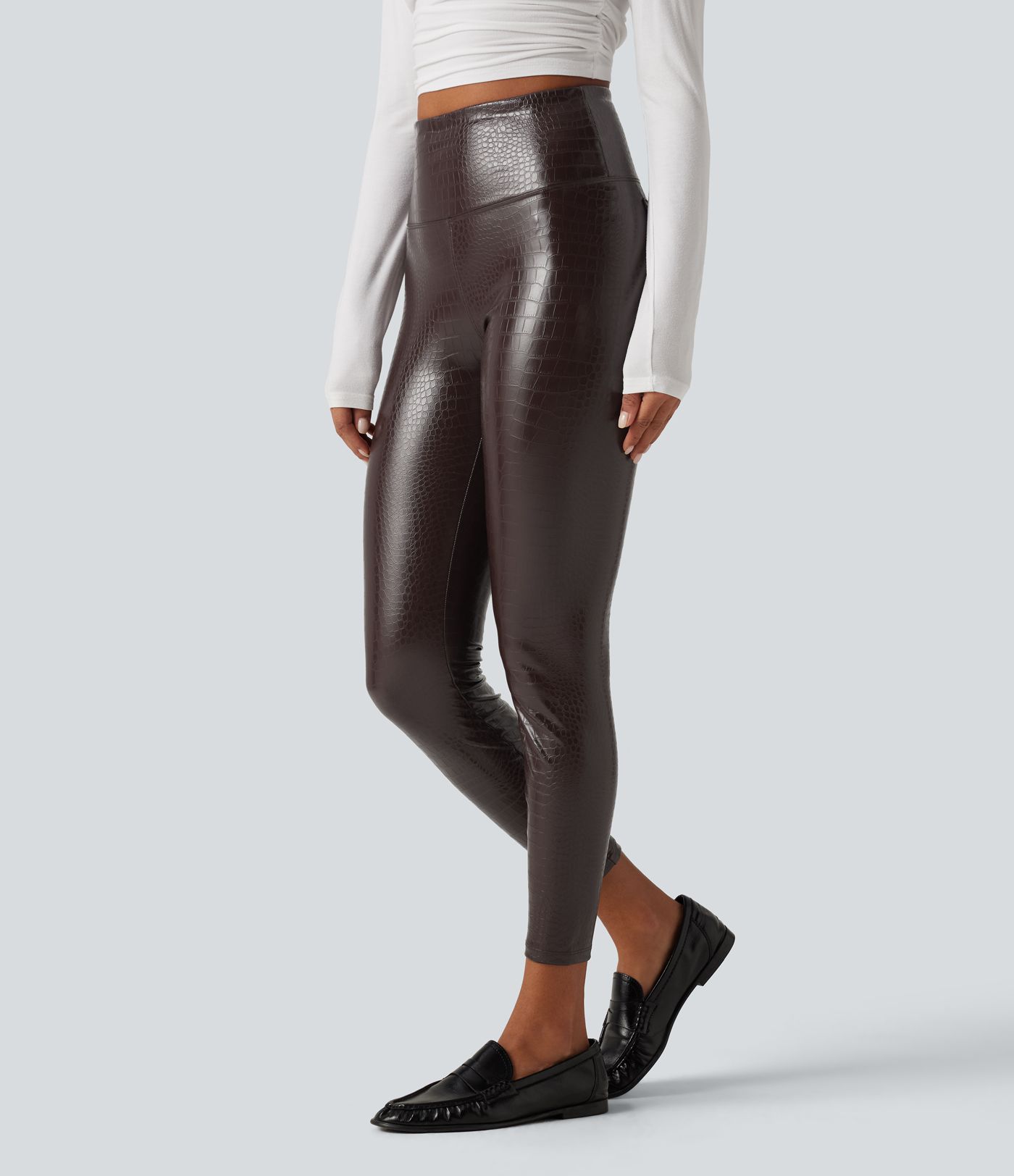 High Waisted Tummy Control Snakeskin Print Stretchy PU Fleece Skinny Casual Leggings with Pockets