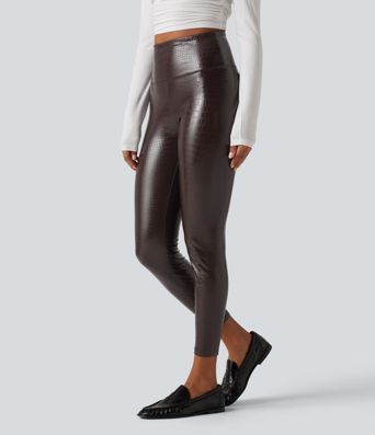 High Waisted Tummy Control Snakeskin Print Stretchy PU Fleece Skinny Casual Leggings with Pockets