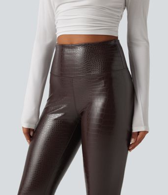 High Waisted Tummy Control Snakeskin Print Stretchy PU Fleece Skinny Casual Leggings with Pockets