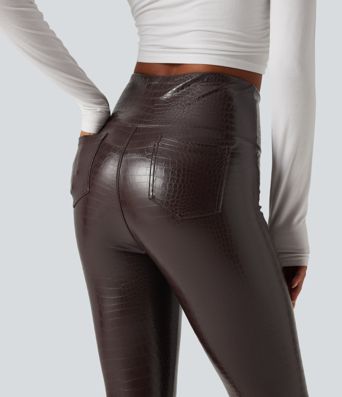 High Waisted Tummy Control Snakeskin Print Stretchy PU Fleece Skinny Casual Leggings with Pockets