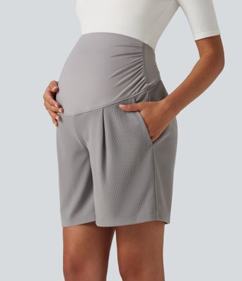 Super High Waisted Micro Waffle Work Bermuda Maternity Shorts 7" with Pockets Super High Waisted Micro Waffle Work Bermuda Maternity Shorts 7" with Pockets