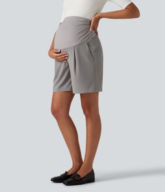 Super High Waisted Micro Waffle Work Bermuda Maternity Shorts 7" with Pockets Super High Waisted Micro Waffle Work Bermuda Maternity Shorts 7" with Pockets
