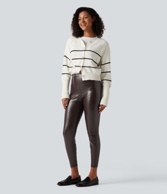 High Waisted Tummy Control Snakeskin Print Stretchy PU Fleece Skinny Casual Leggings with Pockets
