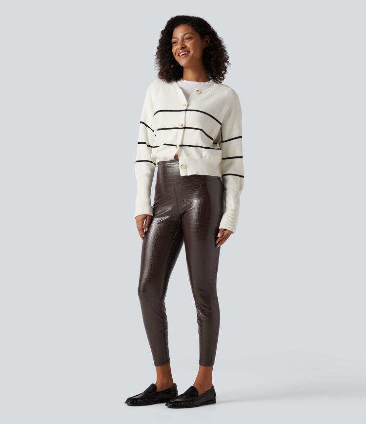 High Waisted Tummy Control Snakeskin Print Stretchy PU Fleece Skinny Casual Leggings with Pockets