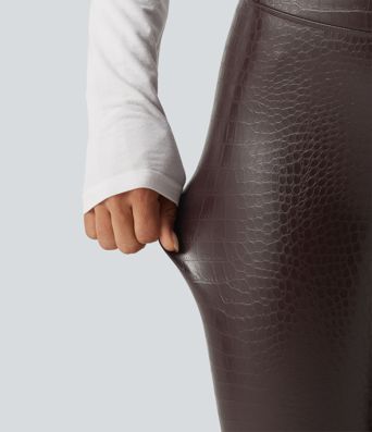 High Waisted Tummy Control Snakeskin Print Stretchy PU Fleece Skinny Casual Leggings with Pockets