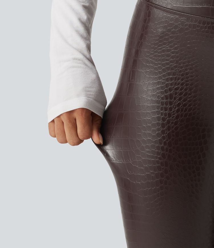 High Waisted Tummy Control Snakeskin Print Stretchy PU Fleece Skinny Casual Leggings with Pockets