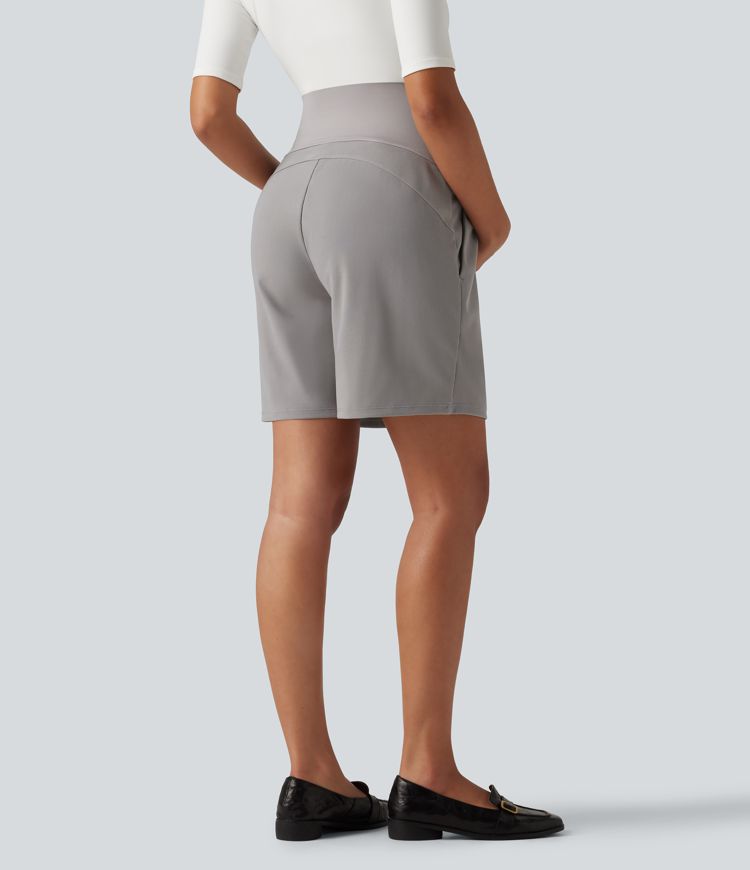 Super High Waisted Micro Waffle Work Bermuda Maternity Shorts 7" with Pockets Super High Waisted Micro Waffle Work Bermuda Maternity Shorts 7" with Pockets