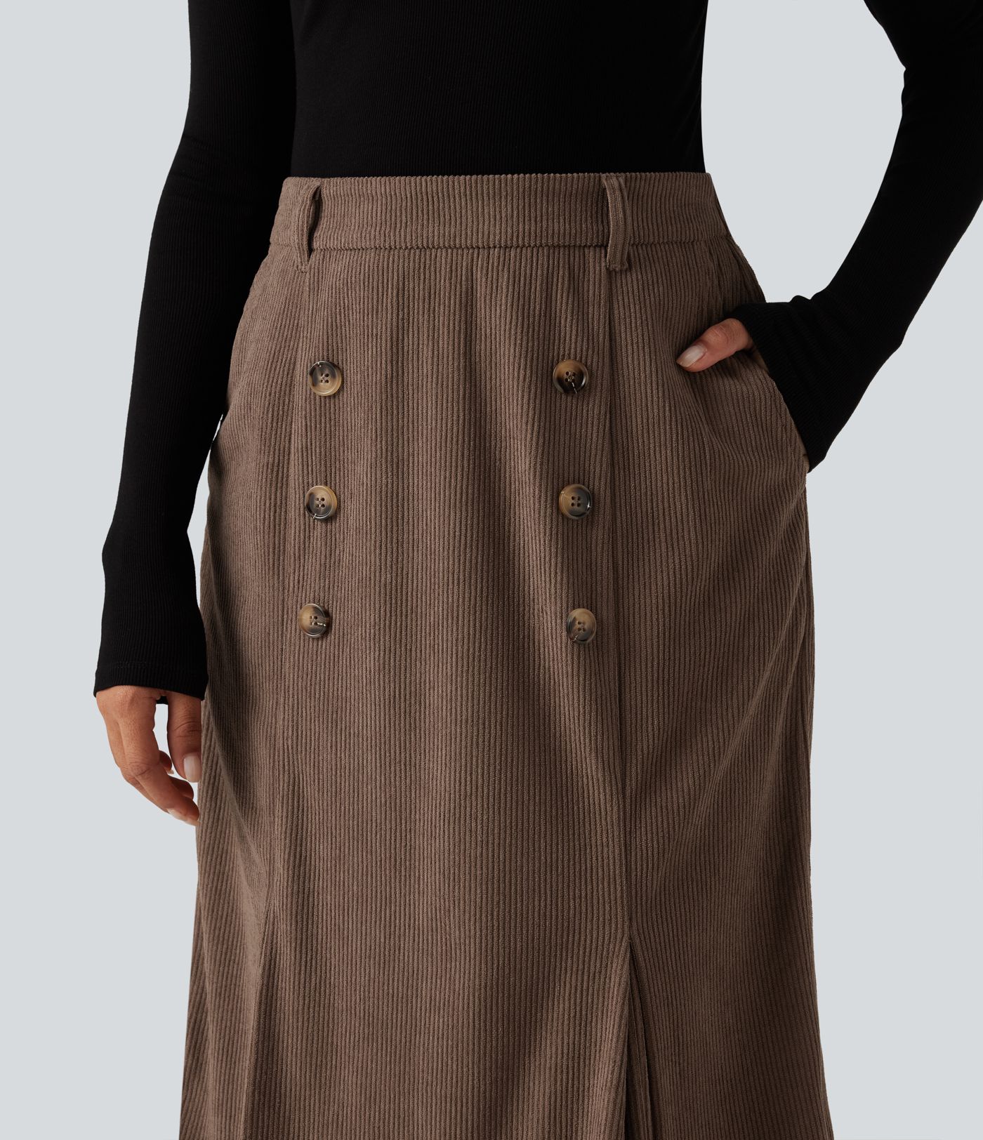 High Waisted Corduroy Midi Work Skirt with Pockets