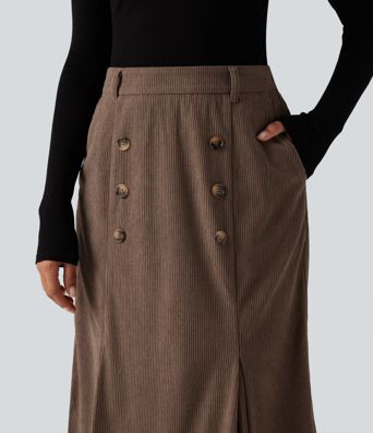 High Waisted Corduroy Midi Work Skirt with Pockets