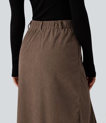 High Waisted Corduroy Midi Work Skirt with Pockets