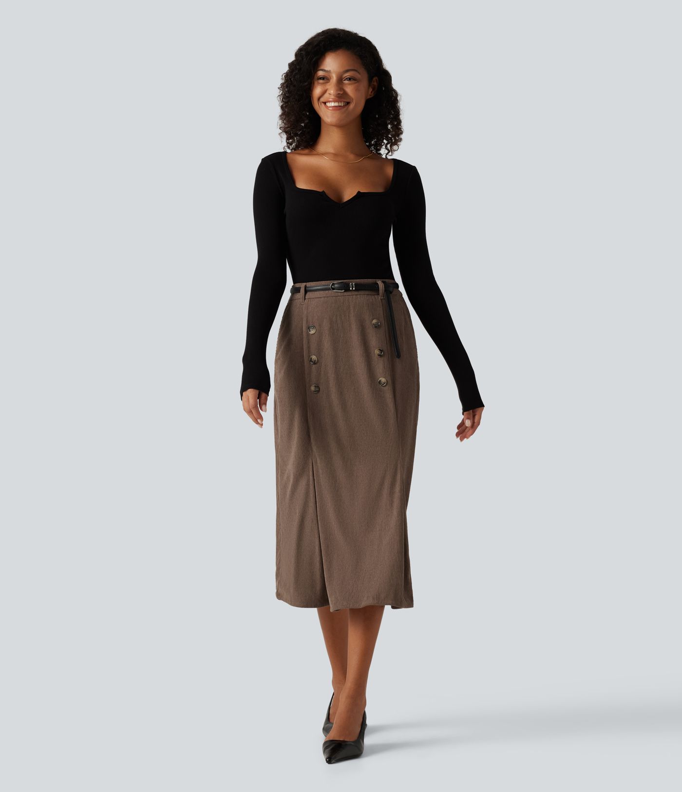 High Waisted Corduroy Midi Work Skirt with Pockets