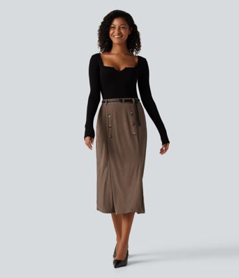 High Waisted Corduroy Midi Work Skirt with Pockets