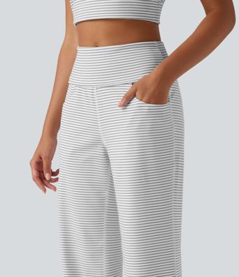 Mid Rise Foldover Waistband Stripes Flare Yoga Leggings with Pockets Mid Rise Foldover Waistband Stripes Flare Yoga Leggings with Pockets