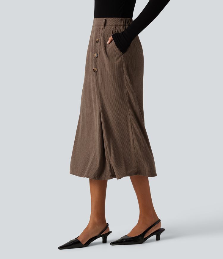 High Waisted Corduroy Midi Work Skirt with Pockets
