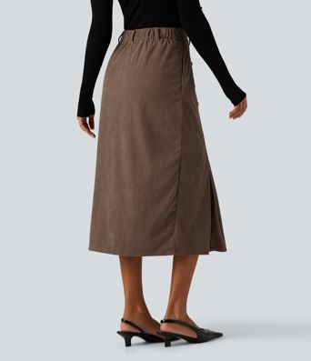 High Waisted Corduroy Midi Work Skirt with Pockets