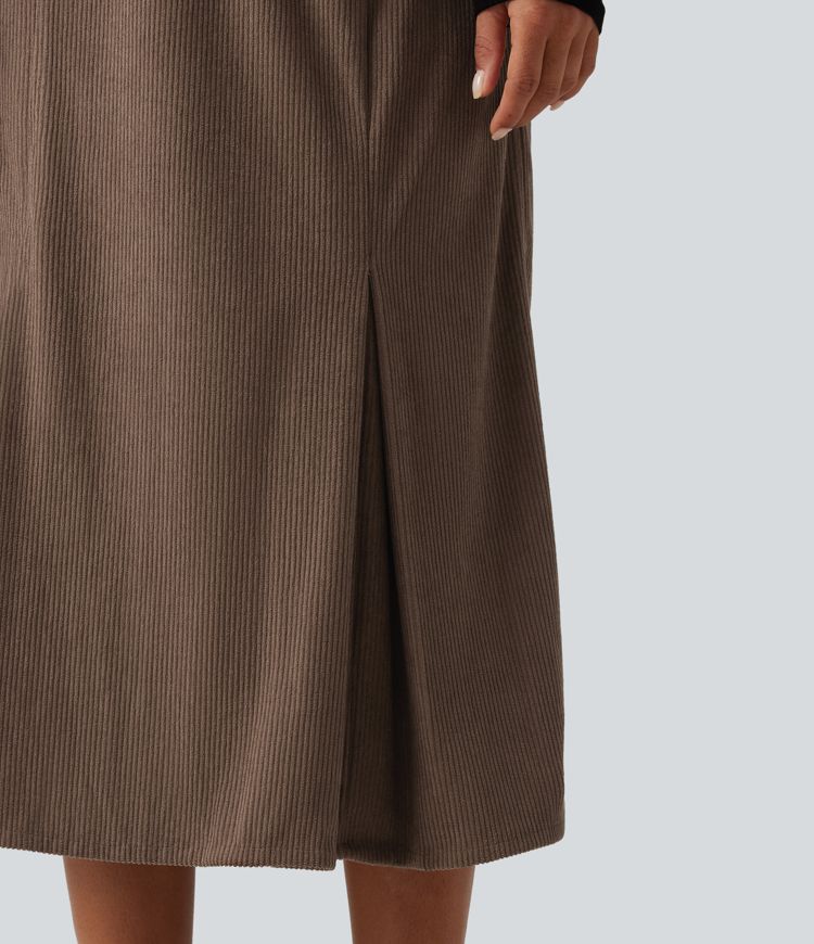 High Waisted Corduroy Midi Work Skirt with Pockets