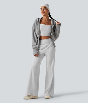 Mid Rise Foldover Waistband Stripes Flare Yoga Leggings with Pockets Mid Rise Foldover Waistband Stripes Flare Yoga Leggings with Pockets