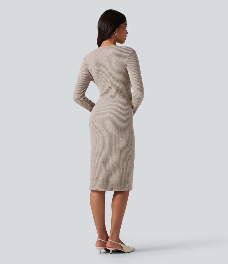 Ribbed Knit V Neck Long Sleeve Bodycon Mini Casual Dress Ribbed Knit V Neck Long Sleeve Bodycon Mini Casual Dress