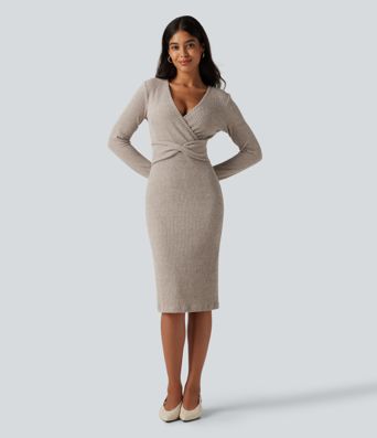 Ribbed Knit V Neck Long Sleeve Bodycon Mini Casual Dress Ribbed Knit V Neck Long Sleeve Bodycon Mini Casual Dress