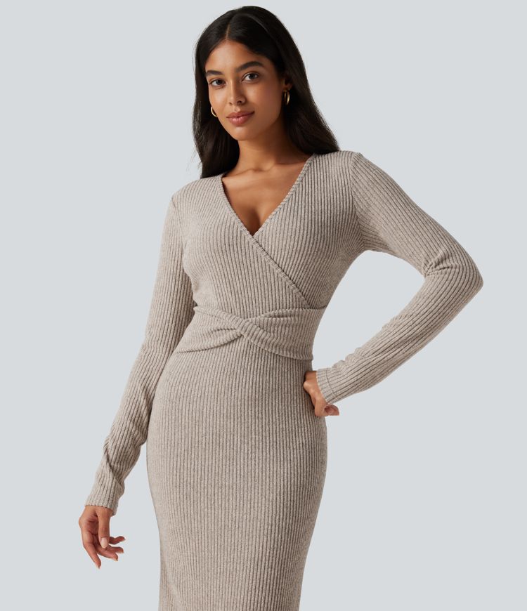 Ribbed Knit V Neck Long Sleeve Bodycon Mini Casual Dress Ribbed Knit V Neck Long Sleeve Bodycon Mini Casual Dress