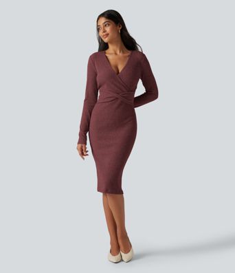 Robe midi moulante en maille côtelée à col V et manches longues